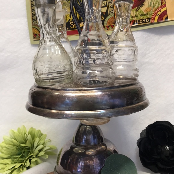 Vintage vase curettes carousel silver plated etch crystal glass oil vinegar 6 pc - Picture 3 of 16